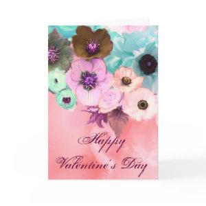 VALENTINE'S DAY BLUE PINK ROSES, ANEMONE FLOWERS HOLIDAY CARD