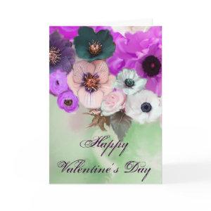 VALENTINE'S DAY PINK PURPLE ROSES, ANEMONE FLOWERS HOLIDAY CARD
