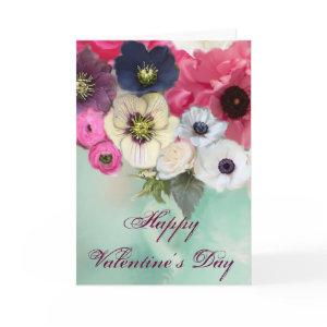 VALENTINE'S DAY WHITE PINK ROSES, ANEMONE FLOWERS HOLIDAY CARD