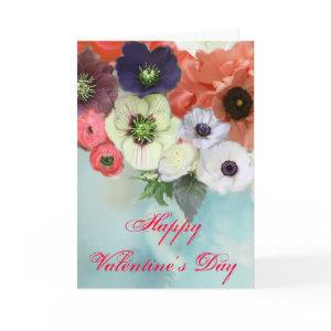 VALENTINE'S DAY WHITE RED ROSES, ANEMONE FLOWERS HOLIDAY CARD