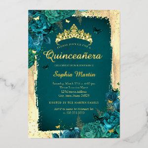 Vibrant Elegant Floral Butterfly Teal Quinceanera  Foil