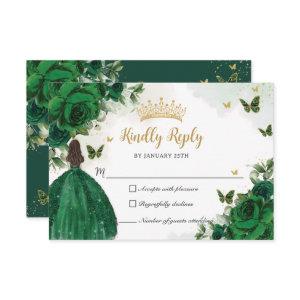 Vibrant Emerald Green Floral Princess Quinceañera RSVP Card