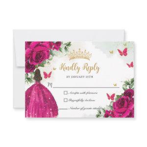 Vibrant Fuchsia Pink Floral Princess Quinceañera RSVP Card