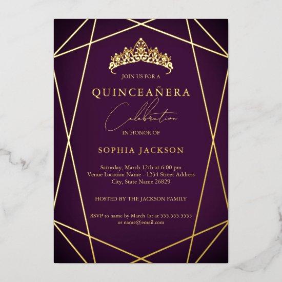Vibrant Purple Geometric Gold Elegant Quinceanera Foil