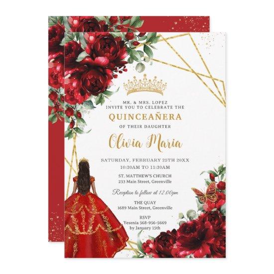 Vibrant Red Floral Flowers Princess Quinceañera