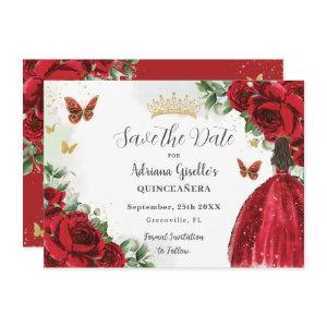 Vibrant Red Floral Princess Dress Gold Quinceañera Save The Date