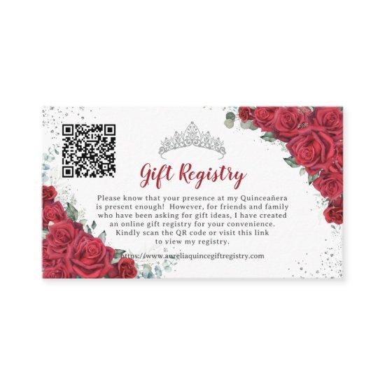 Vibrant Red Floral Quinceañera QR Gift Registry Enclosure Card