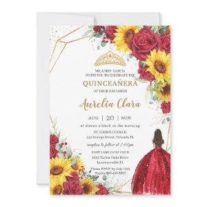 Vibrant Red Rose Sunflower Floral Gold Quinceañera