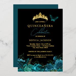Vibrant Teal Blue Black Butterfly Quinceanera Foil