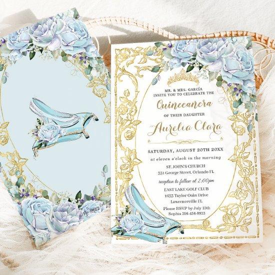 Vintage Baby Blue Roses Cinderella Quinceañera