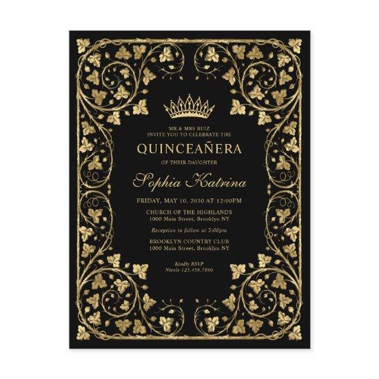Vintage Black Glam Gold Frame Tiara Quinceanera  Postcard