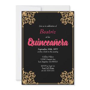 Vintage Black Gold Baroque Frame Pink Quinceañera
