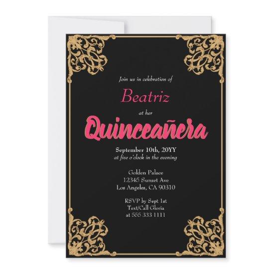 Vintage Black Gold Baroque Frame Pink Quinceañera