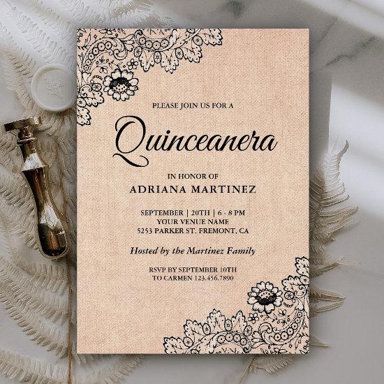 Vintage Black Lace Rustic Burlap Quinceanera