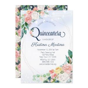 Vintage Blue Pink Floral Quinceanera Birthday