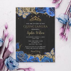 Vintage Blue Roses Black Gold Lace Quinceañera