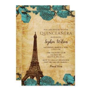 Vintage Blue Roses Eiffel Tower Quinceañera