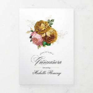 Vintage Blush and Gold Floral Quinceañera Photo Tri-Fold