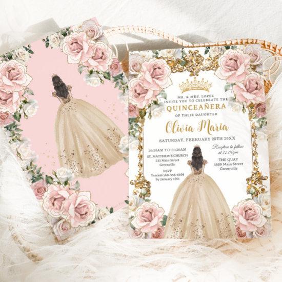 Vintage Blush Champagne Floral Dress Quinceanera