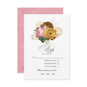 Vintage Blush Pink and Gold Floral Quinceañera RSVP Card