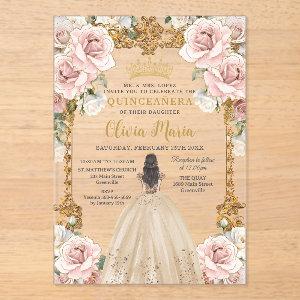 Vintage Blush Pink Champagne Floral Quinceañera Acrylic