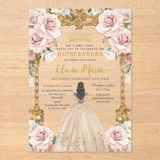 Vintage Blush Pink Champagne Floral Quinceañera Acrylic
