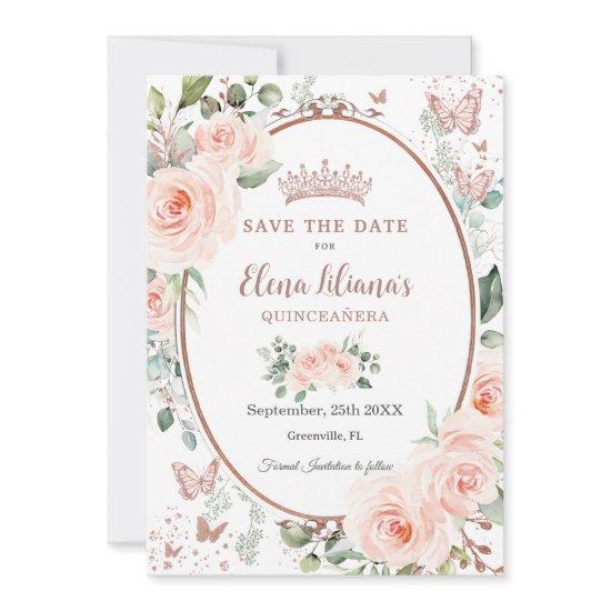 Vintage Blush Pink Floral Rose Gold Quinceañera  Save The Date