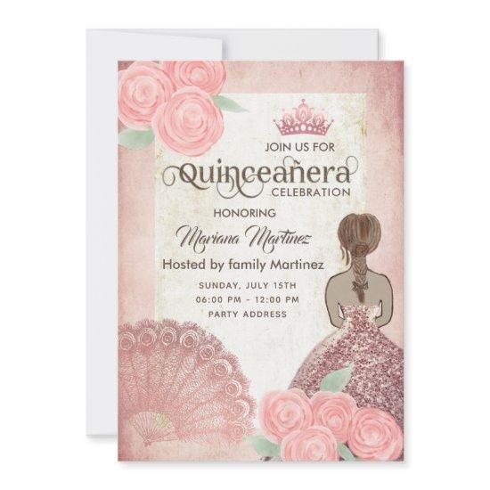 Vintage blush pink hand fan roses tiara Quince