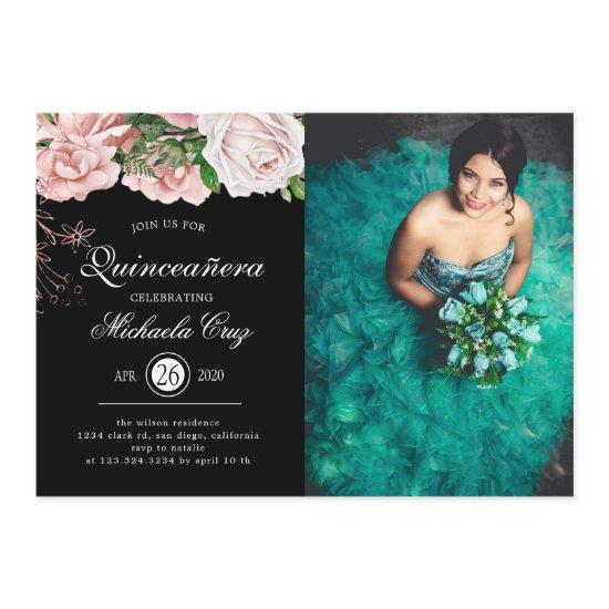Vintage Blush Roses on Black Quinceanera