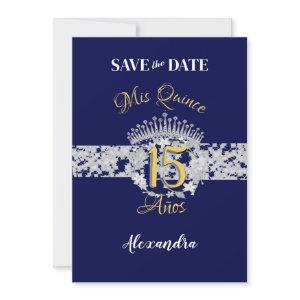 Vintage Boho Navy Silver Quinceañera Spanish  Save The Date