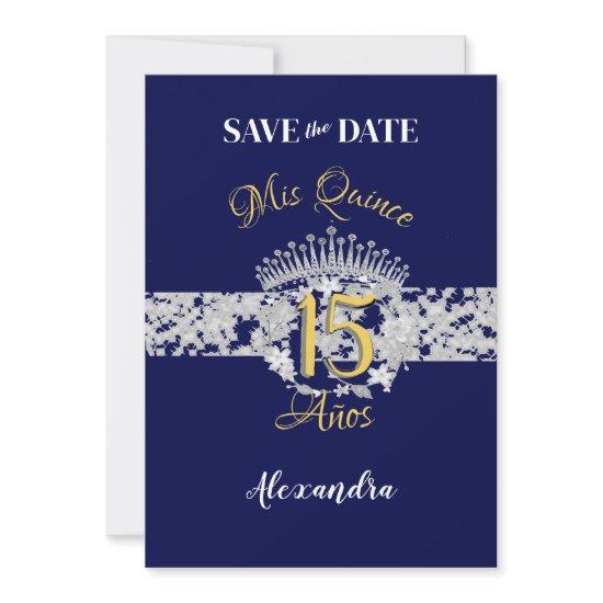 Vintage Boho Navy Silver Quinceañera Spanish  Save The Date