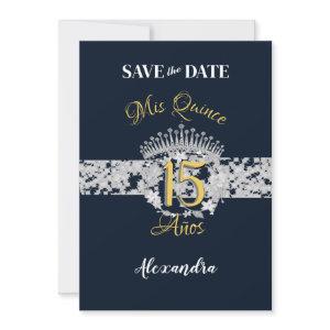 Vintage Boho Navy Silver Quinceañera Spanish  Save The Date