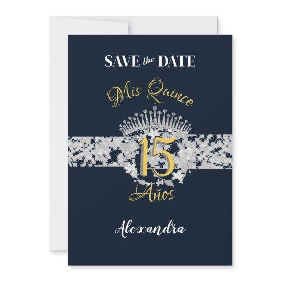 Vintage Boho Navy Silver Quinceañera Spanish  Save The Date