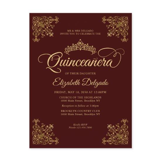 Vintage Burgundy Gold Elegant Tiara Quinceanera Postcard