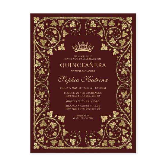 Vintage Burgundy Red Gold Modern Tiara Quinceanera  Postcard