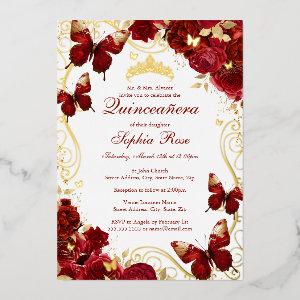 Vintage Butterfly Floral Red Gold Quinceanera Foil