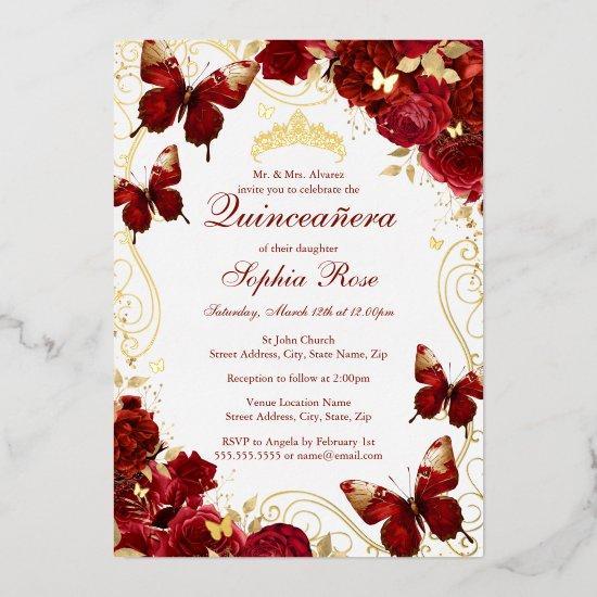 Vintage Butterfly Floral Red Gold Quinceanera Foil
