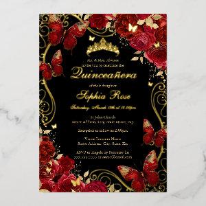 Vintage Butterfly Floral Red Quinceanera Foil