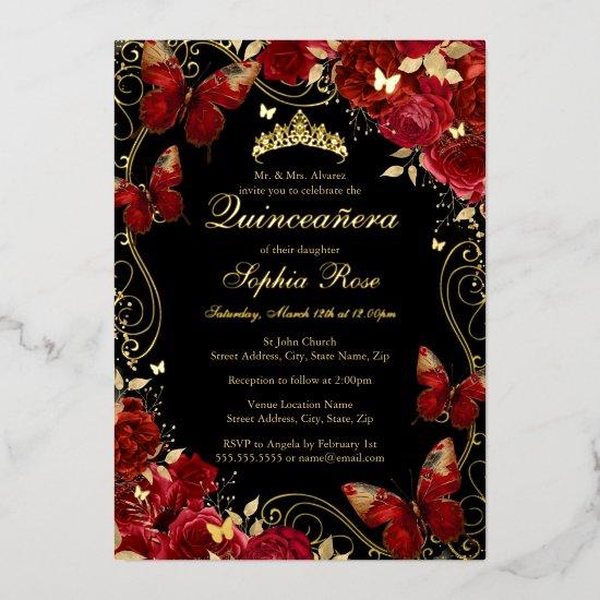 Vintage Butterfly Floral Red Quinceanera Foil