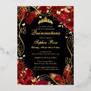 Vintage Butterfly Gold Red Floral Quinceanera  Foil