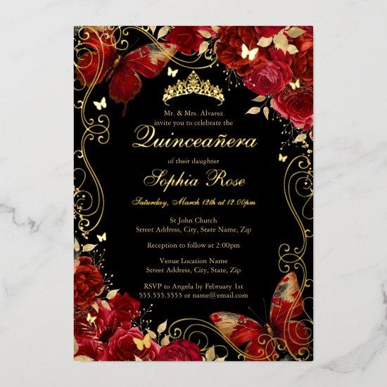 Vintage Butterfly Gold Red Floral Quinceanera  Foil