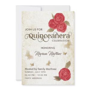 Vintage butterfly watercolor red roses Quince
