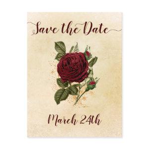 Vintage Champagne Burgundy Red Rose Save the Date Announcement Postcard
