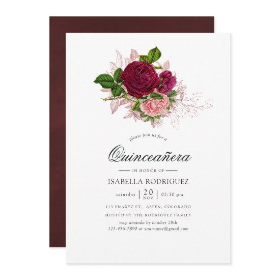 Vintage Chic Blush and Burgundy Floral Quinceañera