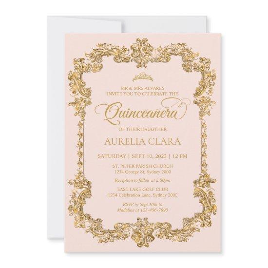 Vintage Elegant Blush Pink Gold Tiara Quinceanera
