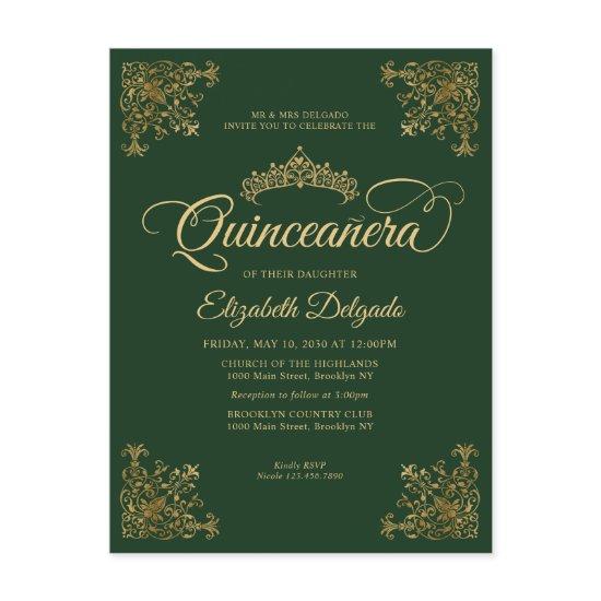 Vintage Emerald Green Gold Frame Tiara Quinceanera Postcard