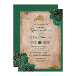 Vintage Emerald Green Gold Roses Royal Quinceanera