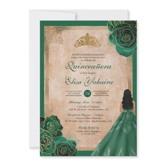 Vintage Emerald Green Gold Roses Royal Quinceanera