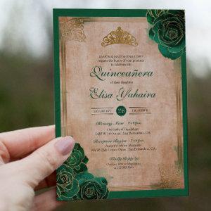 Vintage Emerald Green Gold Roses Royal Quinceanera