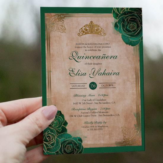 Vintage Emerald Green Gold Roses Royal Quinceanera